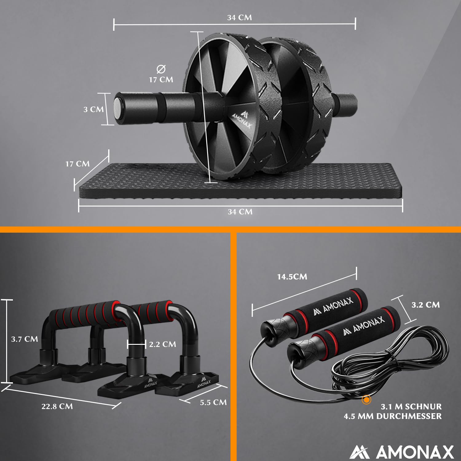 Amonax Bauchroller Liegestützgriffe Springseile fitness sportgeräte bauchmuskeltrainer für zuhause, ab roller trainingsgerät set, ab wheel workout bauchtrainer home sport equipment