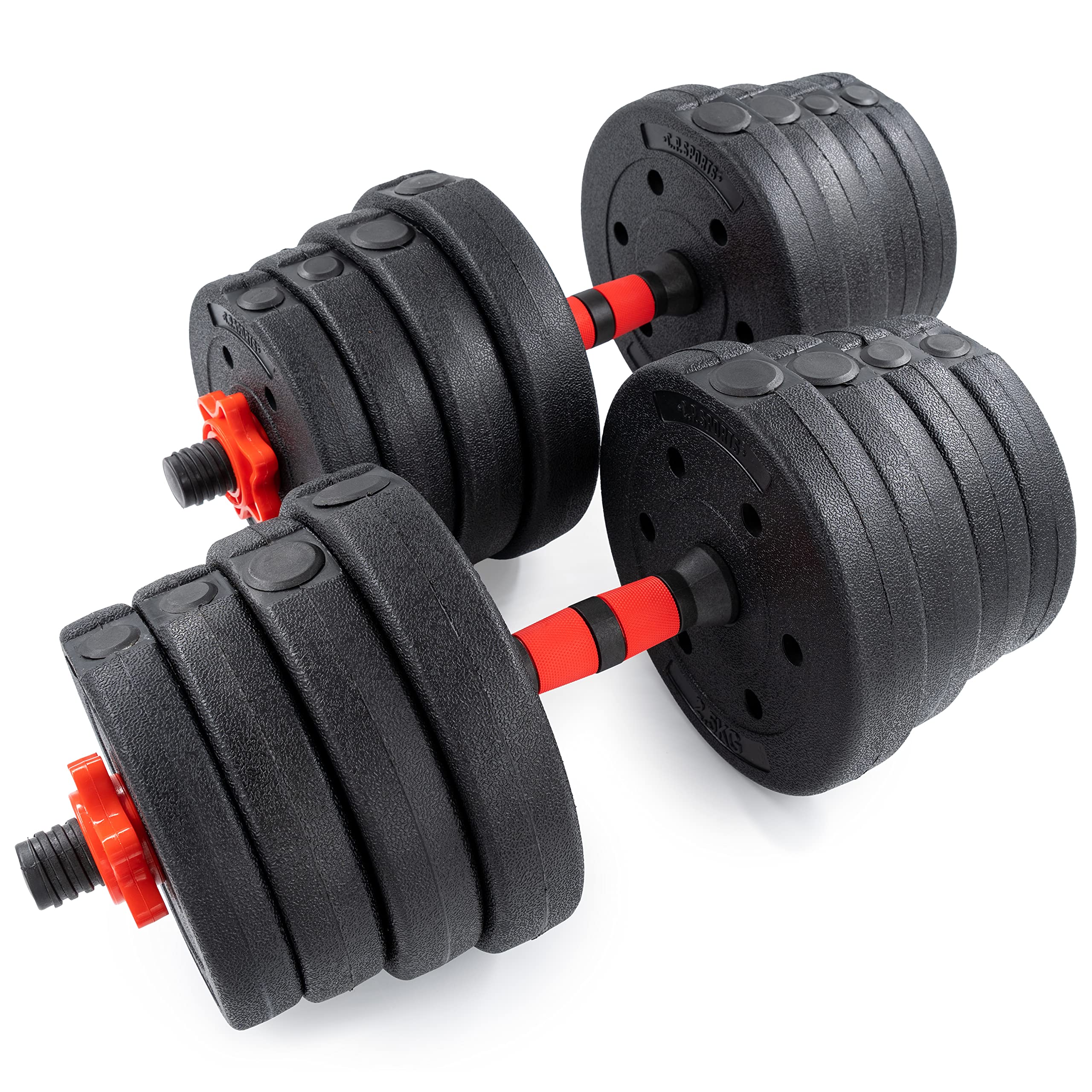 C.P.Sports 2in1 Kurzhantel & Langhantel Set 30kg / 40kg | Hantelscheiben – Gewichte – Hantelstangen | verstellbare Hanteln – Hantelset für Krafttraining, Fitness, Home Gym (rot-schwarz – 30kg Set)