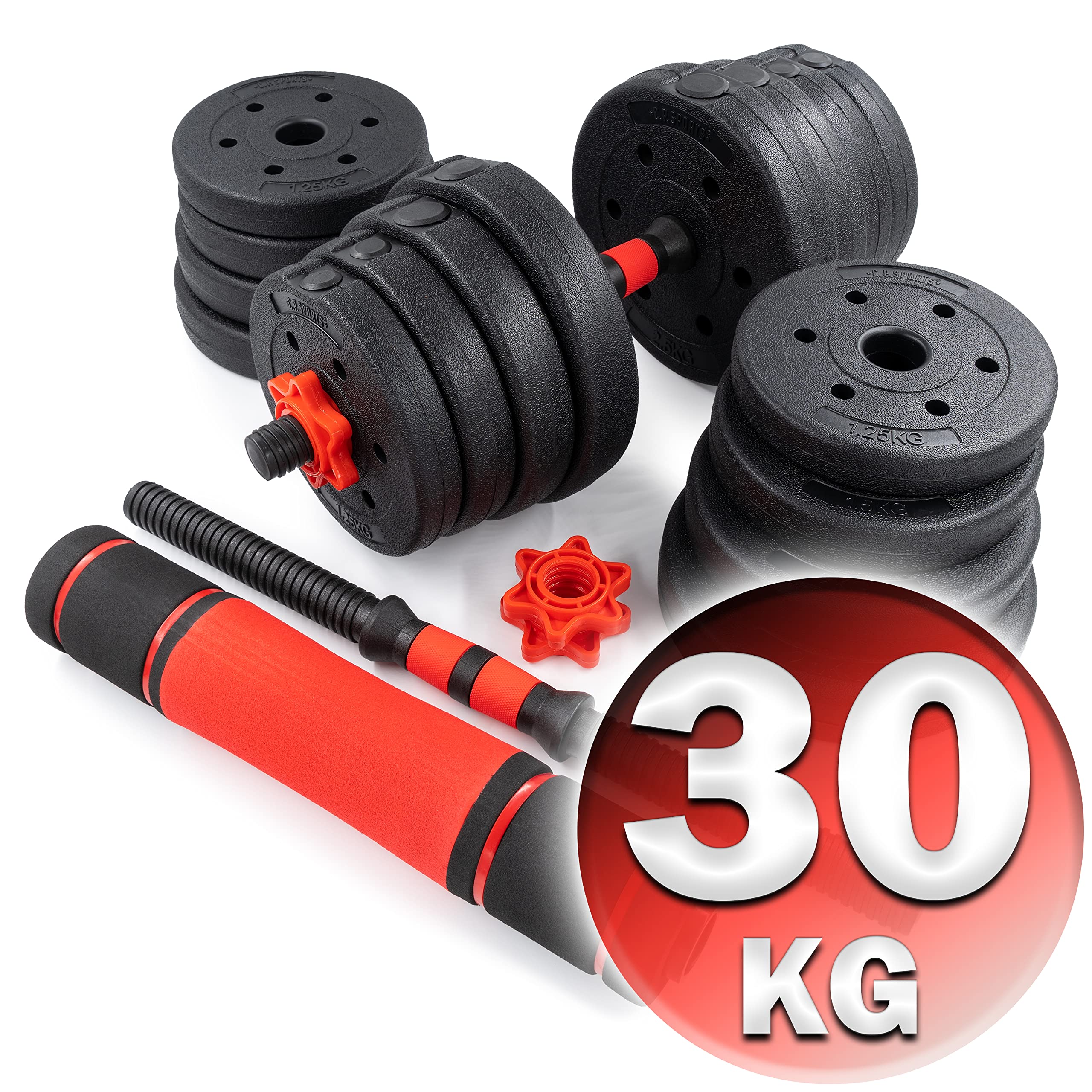 C.P.Sports 2in1 Kurzhantel & Langhantel Set 30kg / 40kg | Hantelscheiben – Gewichte – Hantelstangen | verstellbare Hanteln – Hantelset für Krafttraining, Fitness, Home Gym (rot-schwarz – 30kg Set)