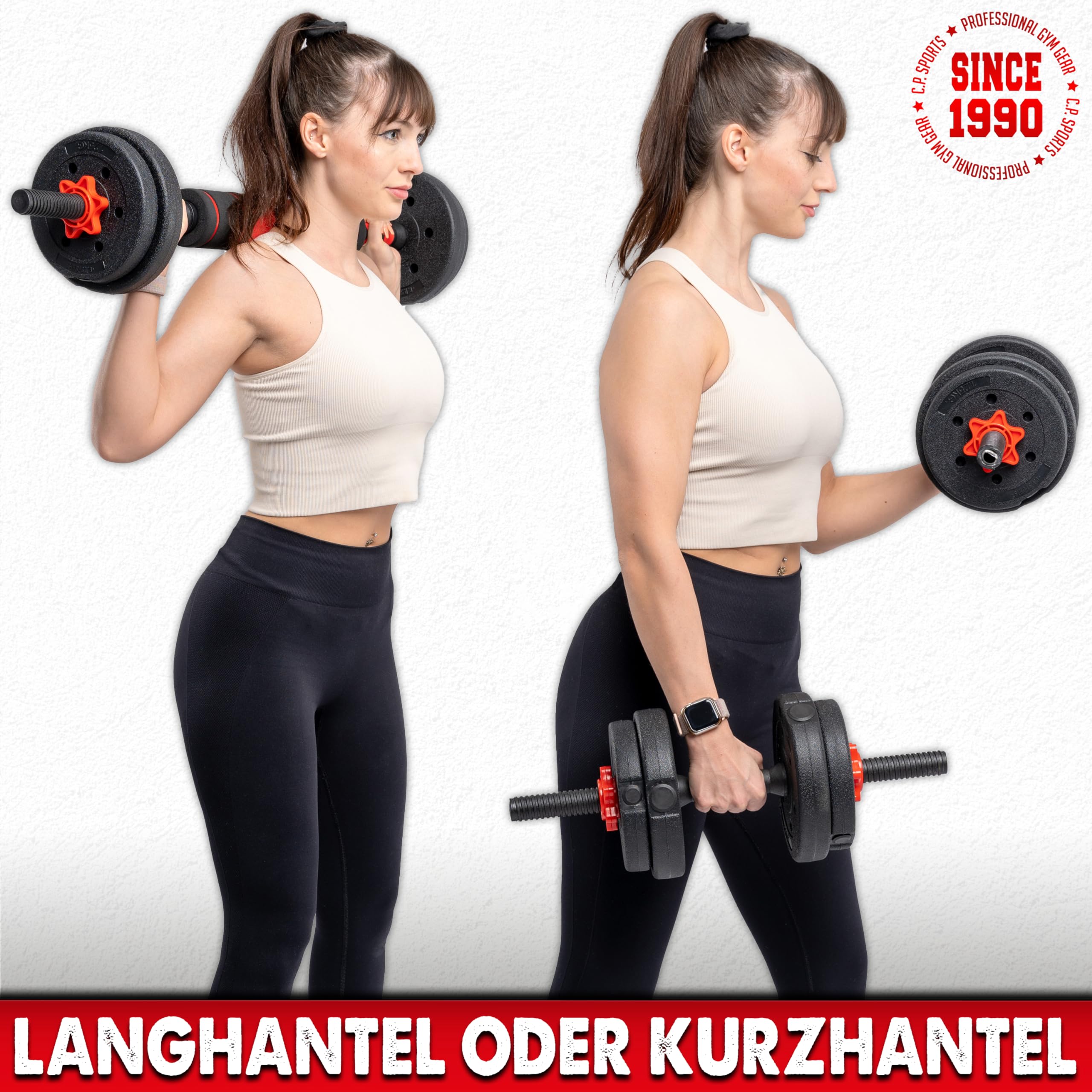 C.P.Sports 2in1 Kurzhantel & Langhantel Set 30kg / 40kg | Hantelscheiben – Gewichte – Hantelstangen | verstellbare Hanteln – Hantelset für Krafttraining, Fitness, Home Gym (rot-schwarz – 30kg Set)