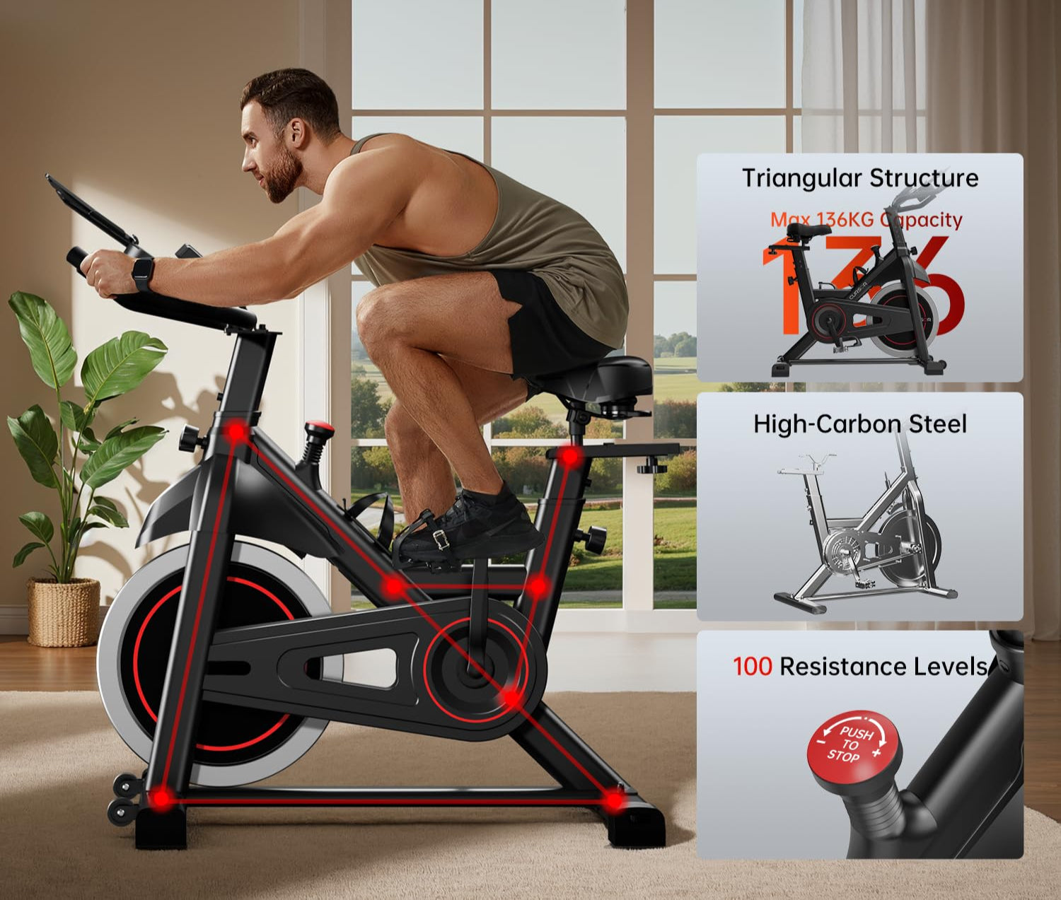 CURSOR FITNESS Heimfahrrad für Zuhause, Stilles Fitnessbike mit Einstellbarem Widerstand, Verstellbarem Lenker und Sattel, LCD-Display, Atmungsaktiven Sitzpolstern, für Cardio-Training
