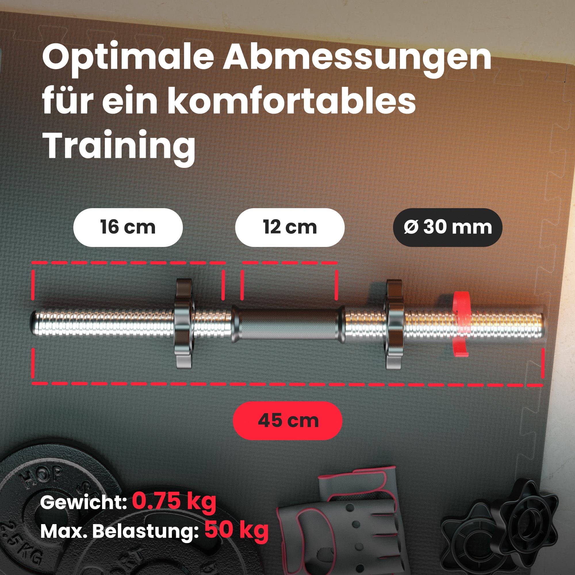 Hop-Sport Hantelset 75 kg: SZ-Stange 120 cm, Langhantel 167 cm, 2 Kurzhanteln 45 cm, Sternverschlüsse, Kunststoff Hantelscheiben 30 mm Bohrung, Max. Belastbarkeit 150 kg